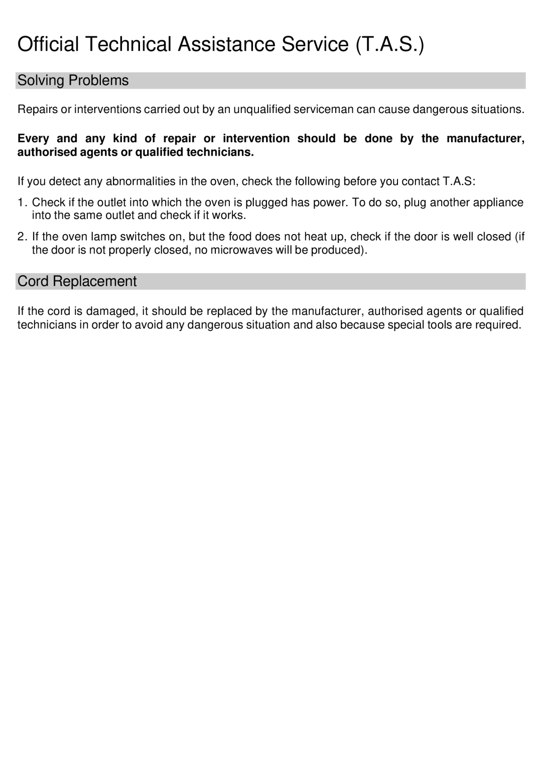 Smeg MM181N, MM182X, MM180B manual Official Technical Assistance Service T.A.S, Solving Problems, Cord Replacement 