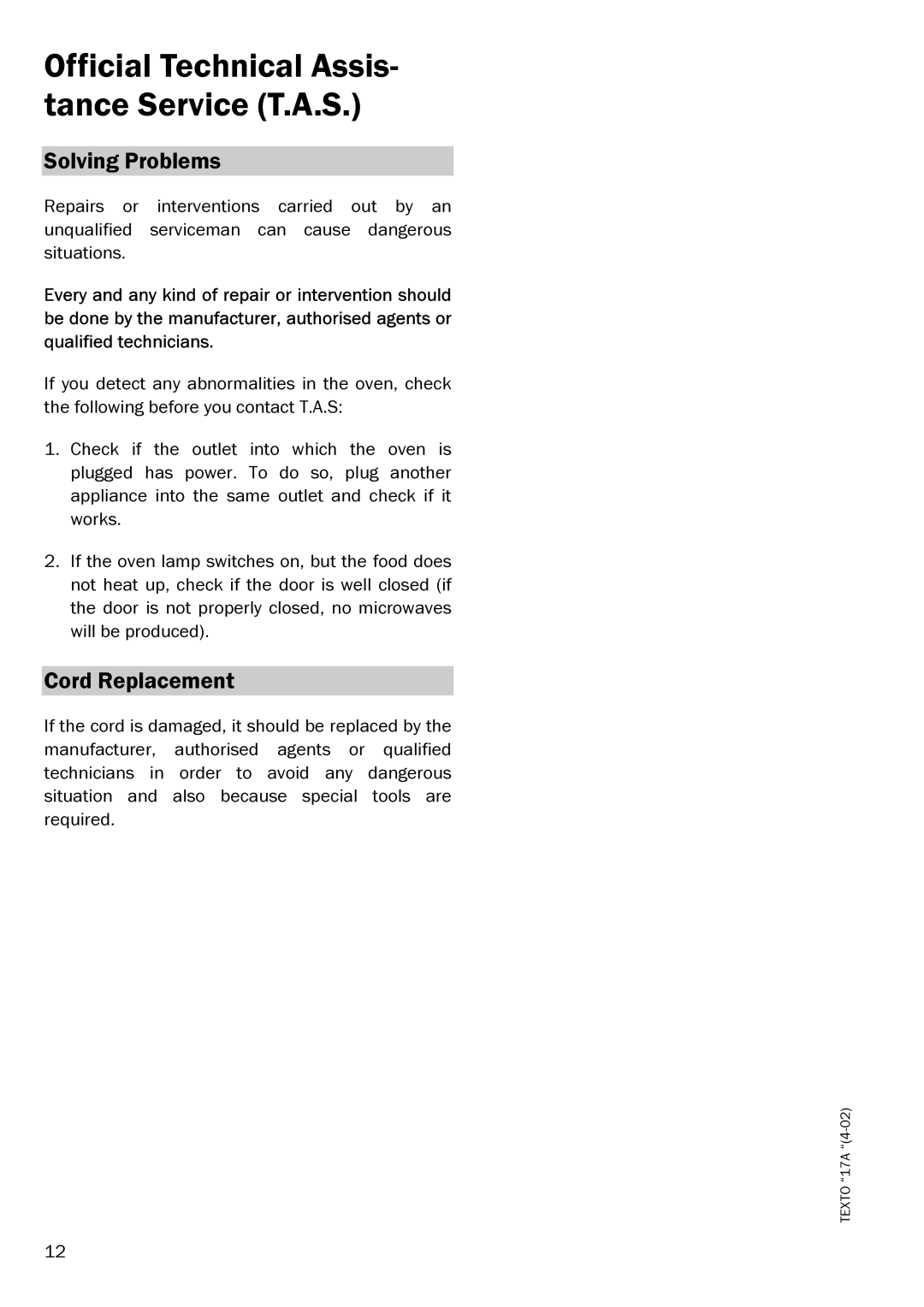 Smeg MM182XS manual Official Technical Assis- tance Service T.A.S, Solving Problems, Cord Replacement 