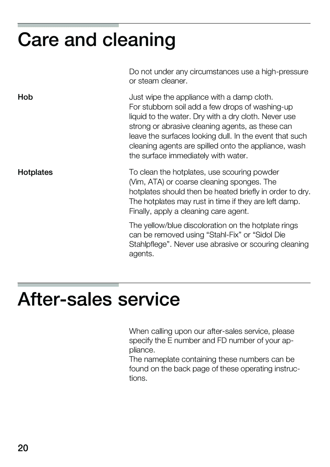 Smeg NCT 335 E instruction manual Care and cleaning, Aftersales service 