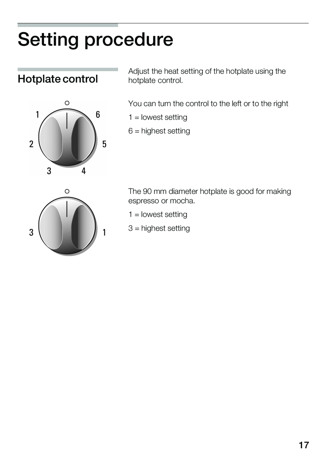 Smeg NCT 335 E instruction manual Setting procedure, Hotplate control 