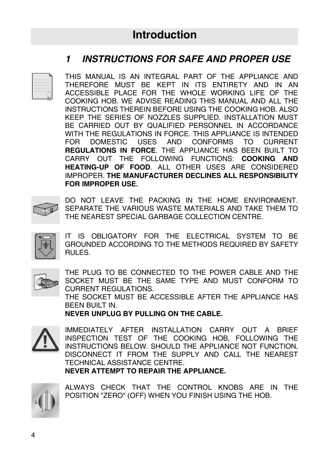 Smeg NCT685BSG, NCT685BHK, NCT685CHK manual Introduction, Instructions for Safe and Proper USE 