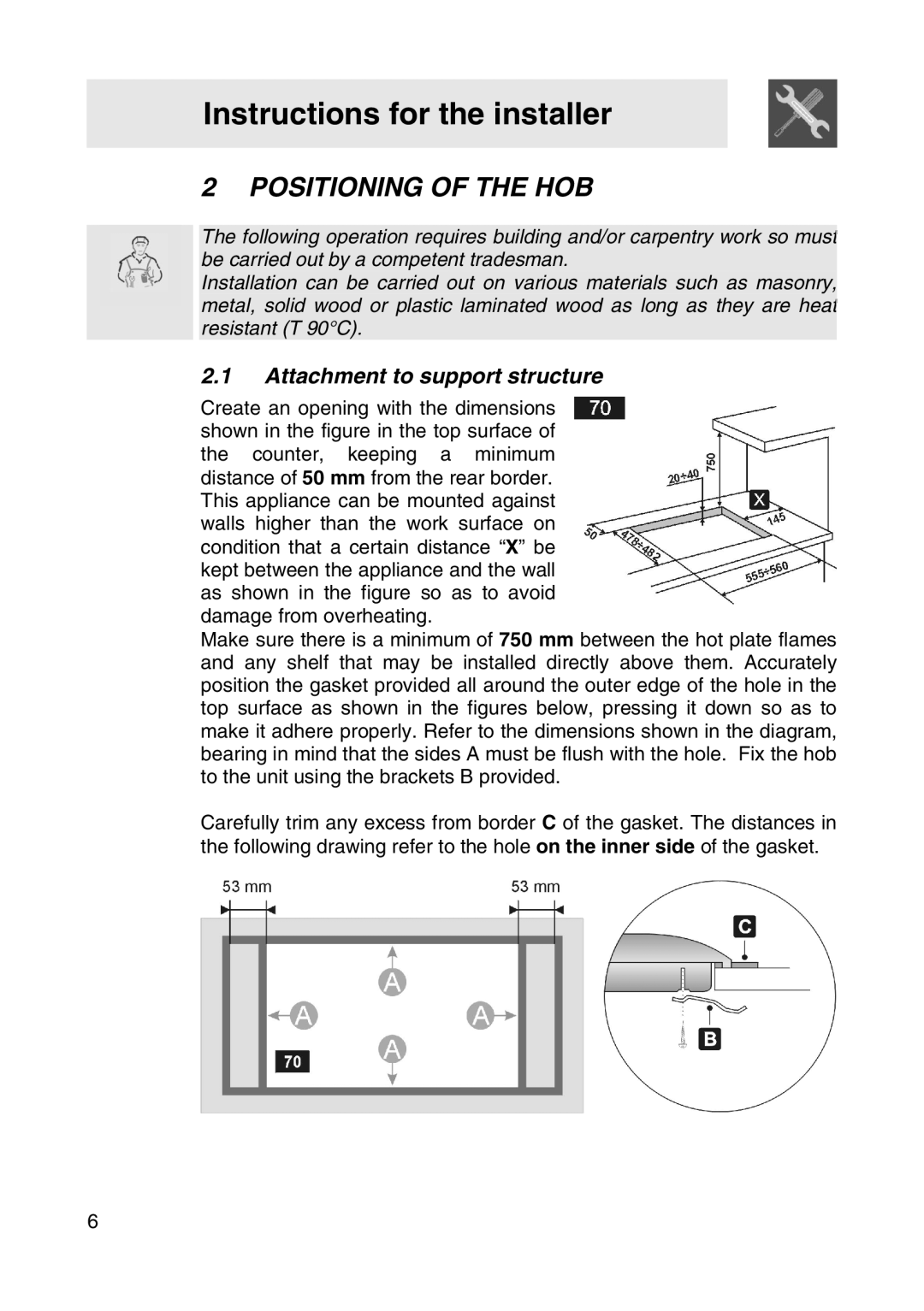 Smeg NCT685CHK, NCT685BHK manual Instructions for the installer, Positioning of the HOB, Attachment to support structure 