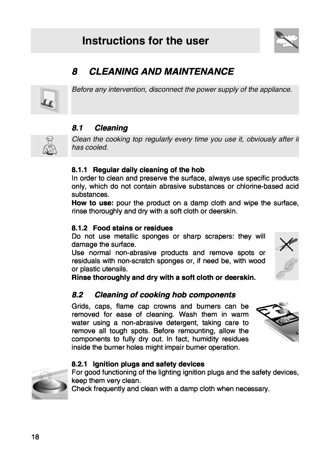 Smeg NCT685CHK Cleaning And Maintenance, 8.1Cleaning, 8.2Cleaning of cooking hob components, Instructions for the user 