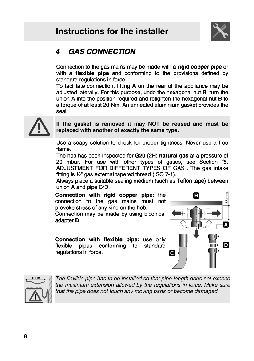 Smeg NCT685BHK, NCT685CHK, NCT685BSG manual Gas Connection, Instructions for the installer 