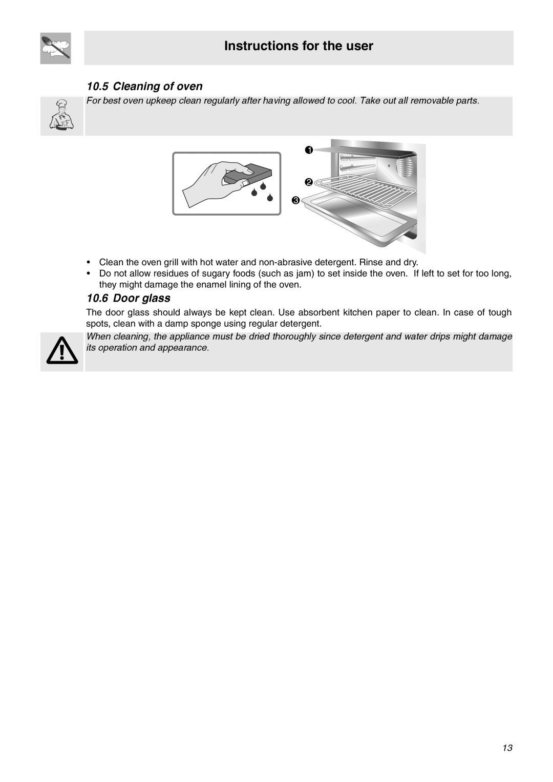 Smeg OF902XA, OF602XA manual Cleaning of oven, Door glass, Instructions for the user 