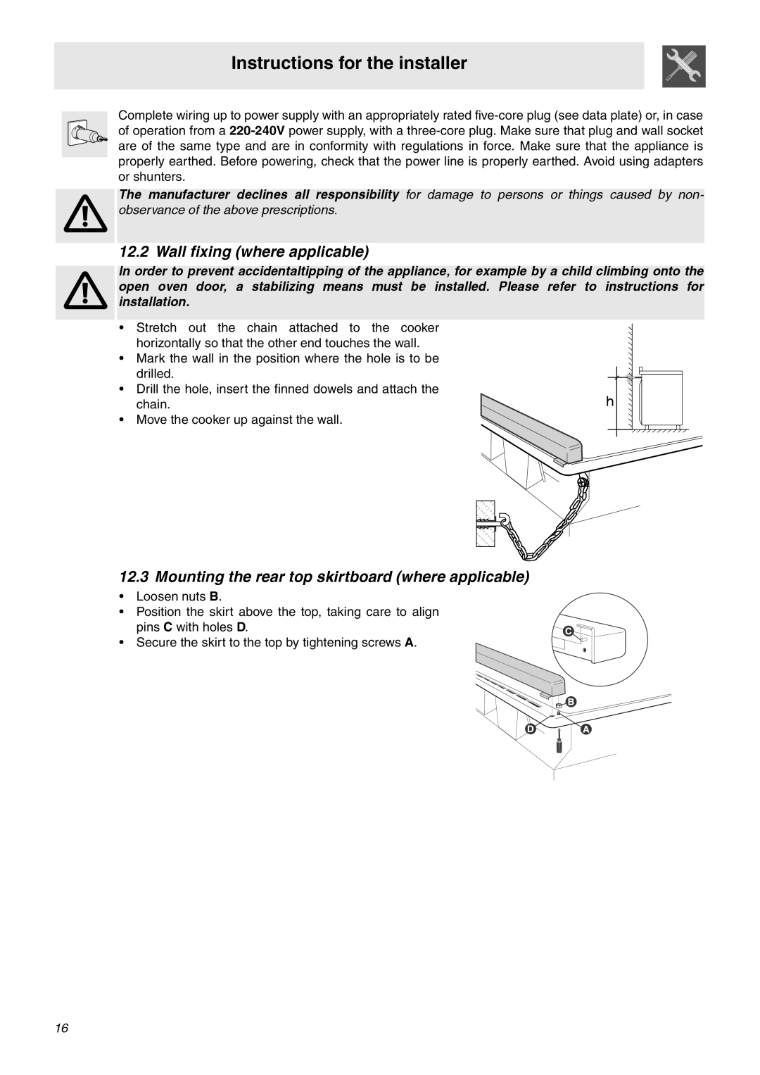 Smeg OF602XA, OF902XA manual Wall fixing where applicable, Mounting the rear top skirtboard where applicable 