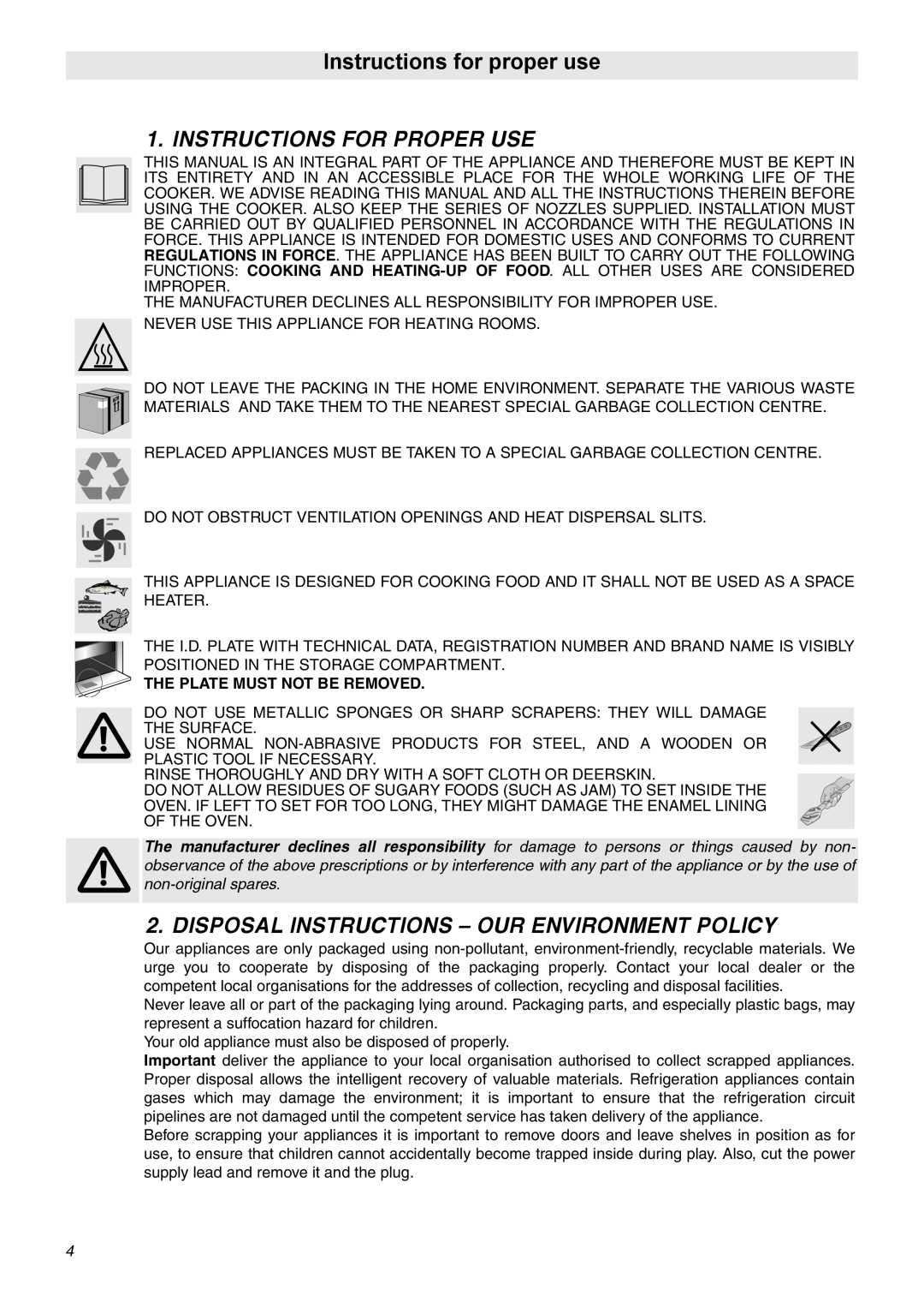 Smeg OF602XA Instructions for proper use, Instructions For Proper Use, Disposal Instructions - Our Environment Policy 