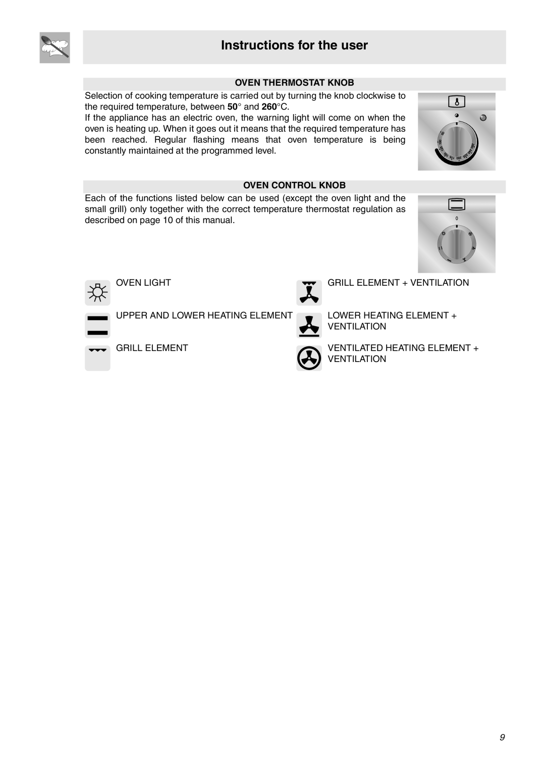 Smeg OF902XA, OF602XA manual Instructions for the user, Oven Thermostat Knob, Oven Control Knob 