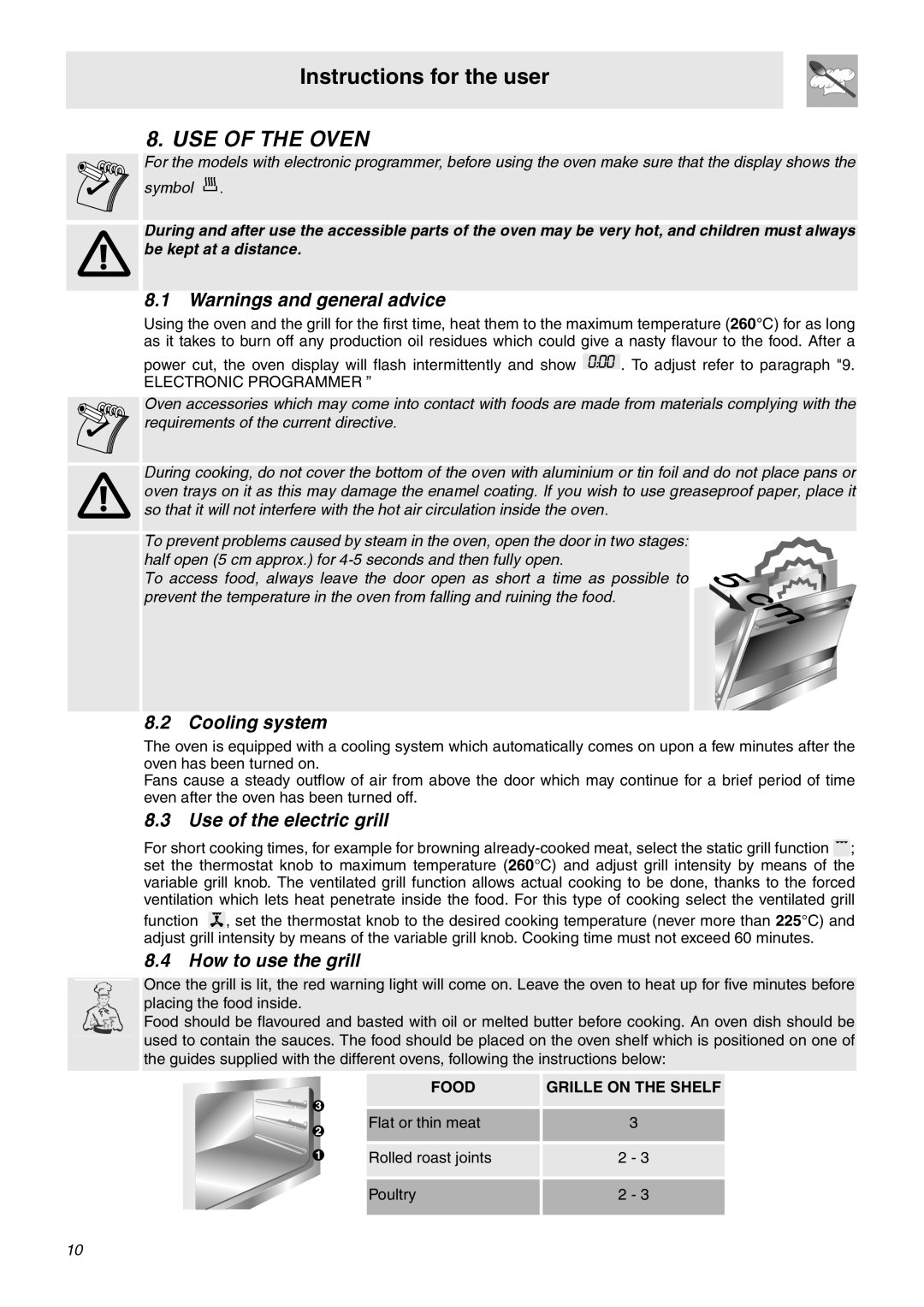 Smeg OF602XA Use Of The Oven, Warnings and general advice, Cooling system, Use of the electric grill, How to use the grill 