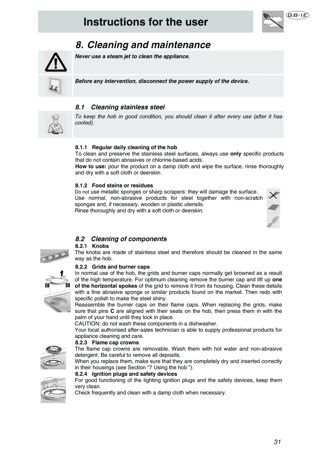 Smeg P106NL Cleaning and maintenance, Cleaning stainless steel, Cleaning of components, Regular daily cleaning of the hob 