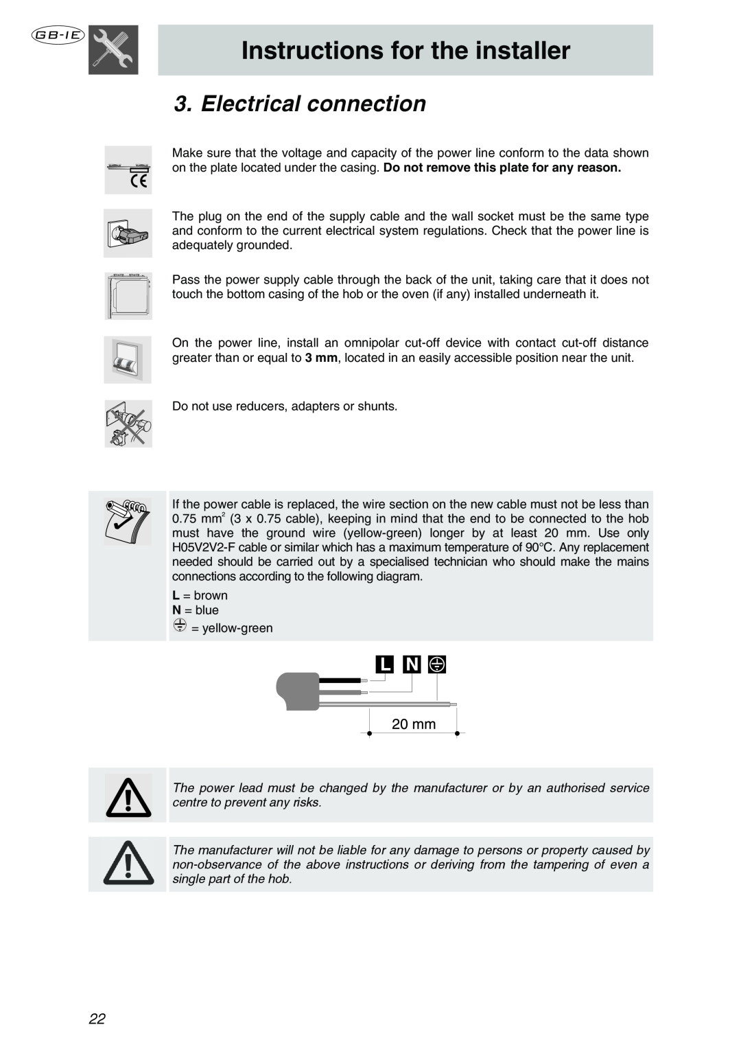 Smeg P106NL manual Electrical connection, Instructions for the installer 