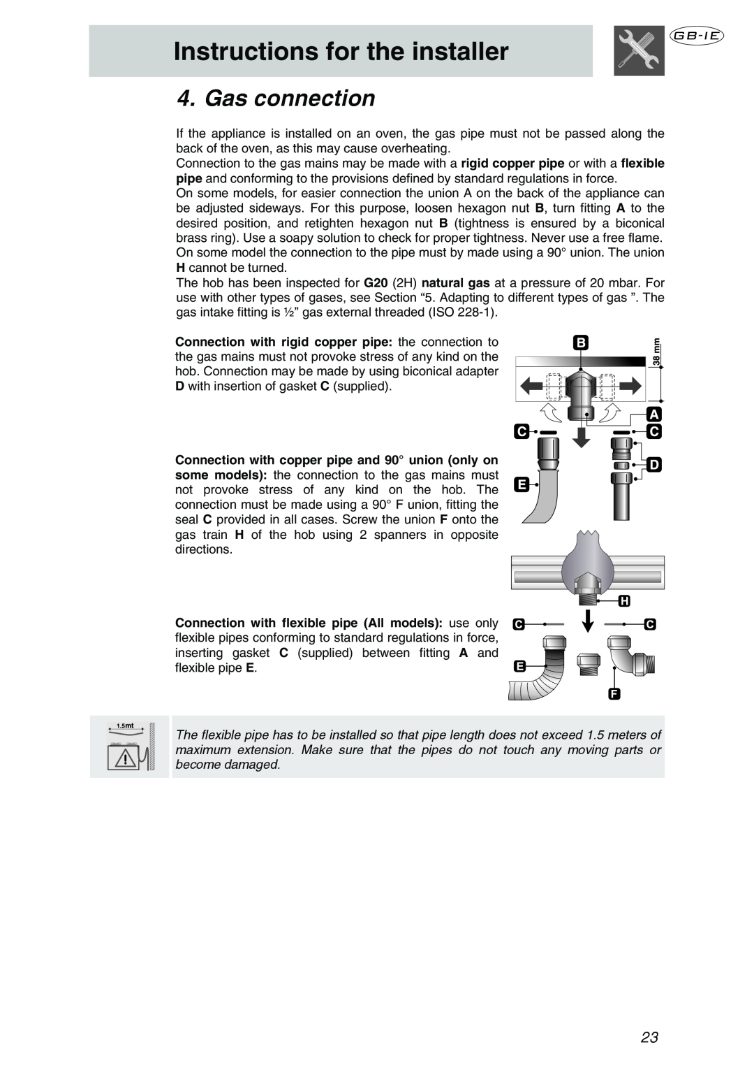 Smeg P106NL manual Gas connection, Instructions for the installer 