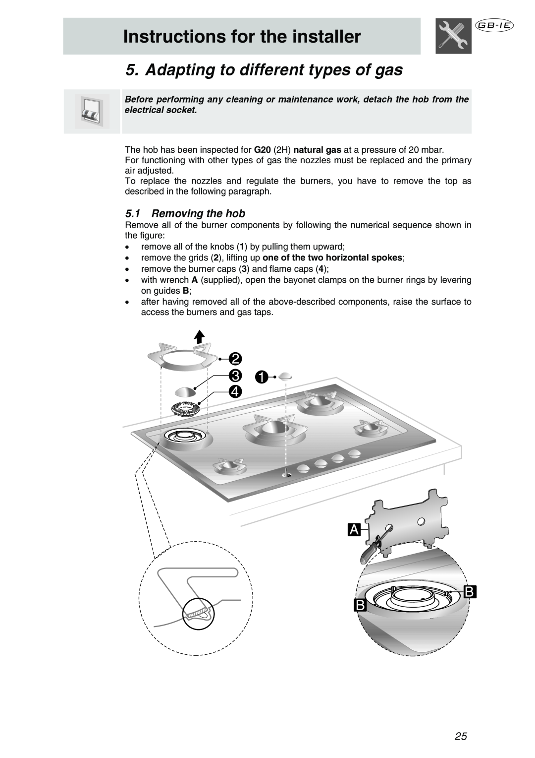 Smeg P106NL manual Adapting to different types of gas, Removing the hob, Instructions for the installer 