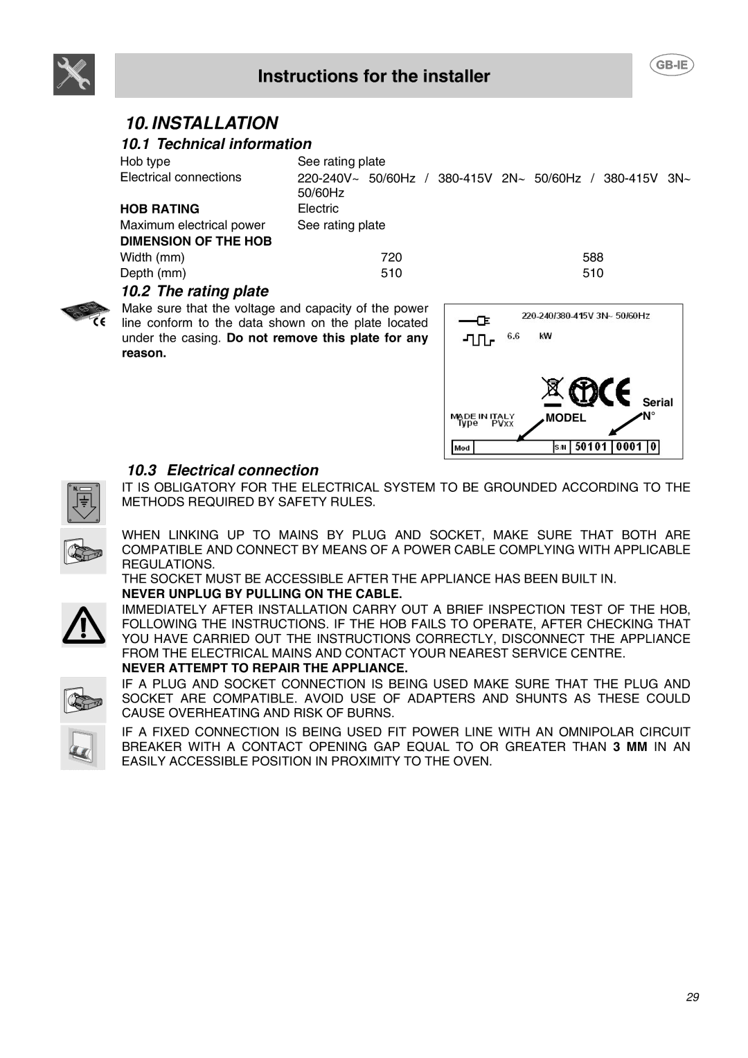 Smeg P652, P662-1, P662B-1 manual Installation, Technical information, Rating plate, Electrical connection 