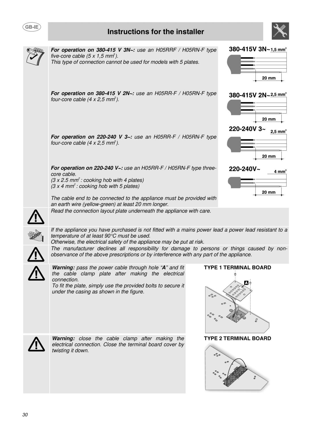 Smeg P652, P662-1, P662B-1 manual Instructions for the installer, 3 x 2.5 mm2 cooking hob with 4 plates 