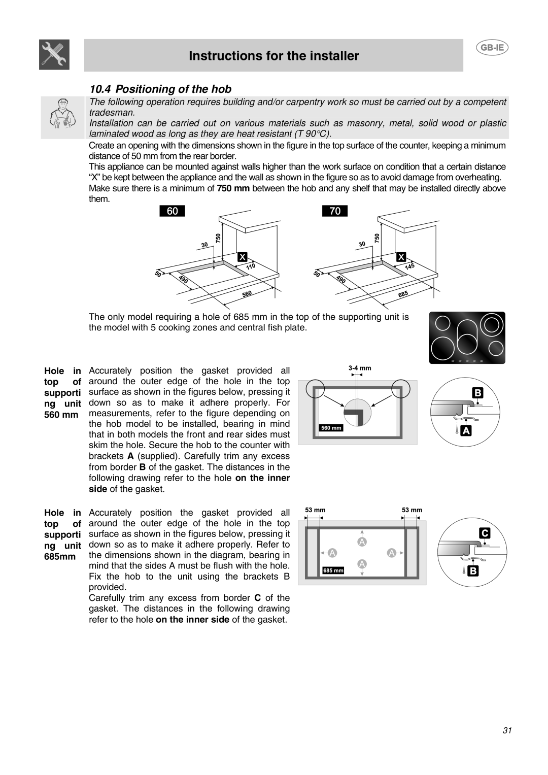 Smeg P662-1, P652, P662B-1 manual Instructions for the installer, Hole in top of supporti ng unit 560 mm, 685mm 