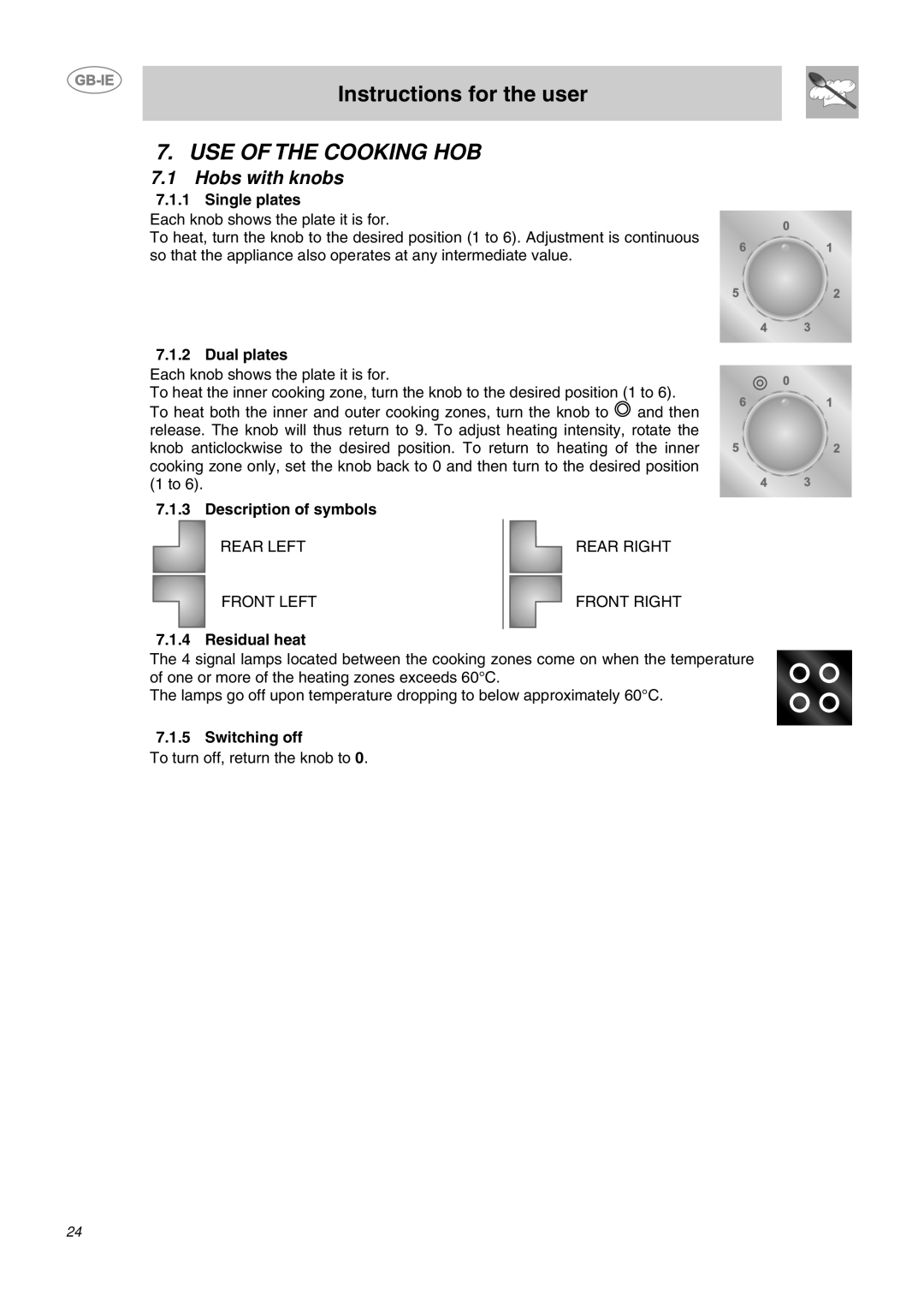 Smeg P662B-1 Use Of The Cooking Hob, Instructions for the user, 7.1.1Single plates, Dual plates, Description of symbols 