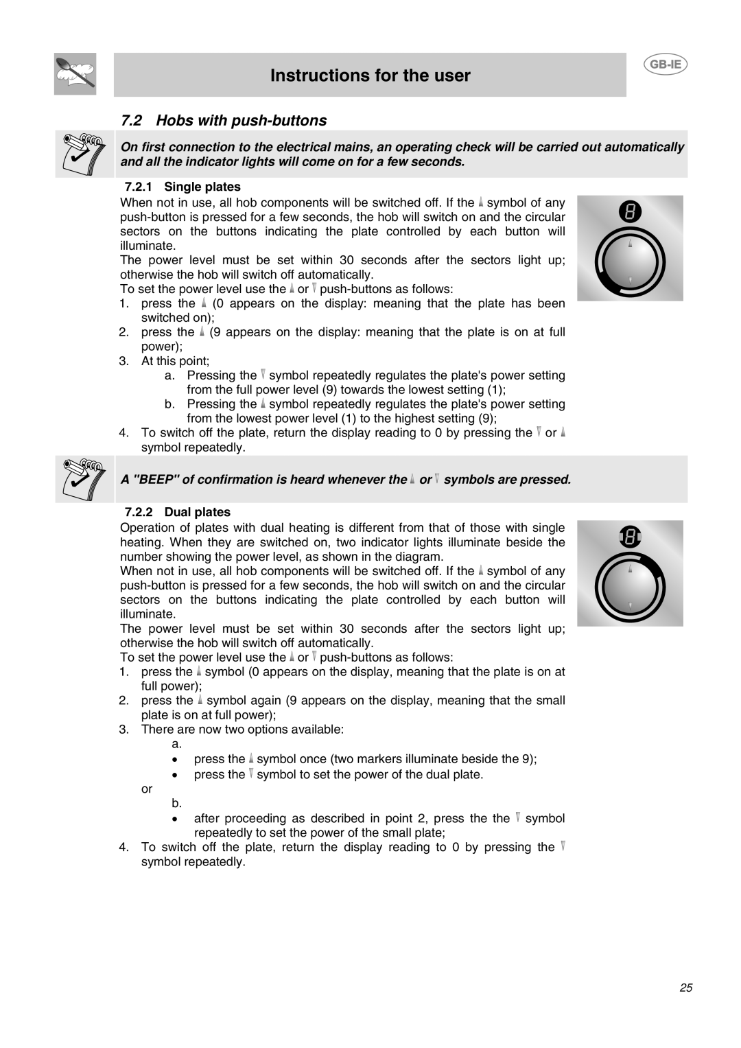 Smeg P652, P662-1, P662B-1 manual Instructions for the user, Hobs with push-buttons, Single plates, Dual plates 