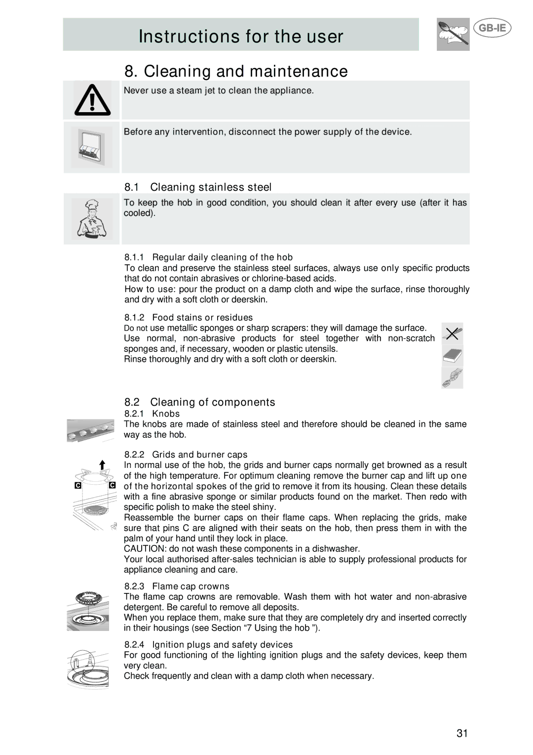 Smeg P705VTBE manual Cleaning and maintenance, Cleaning stainless steel, Cleaning of components 