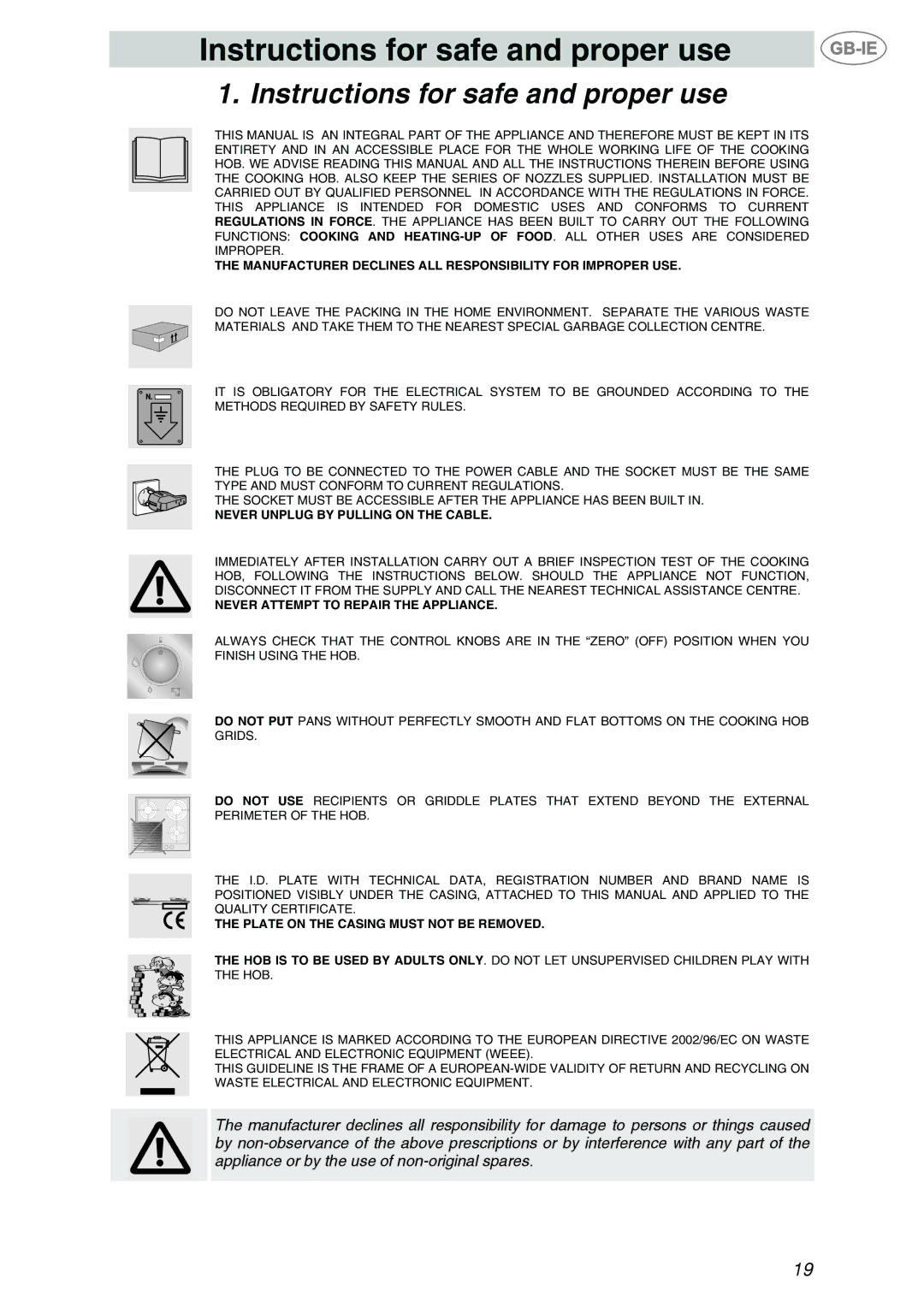 Smeg P705VTBE manual Instructions for safe and proper use 