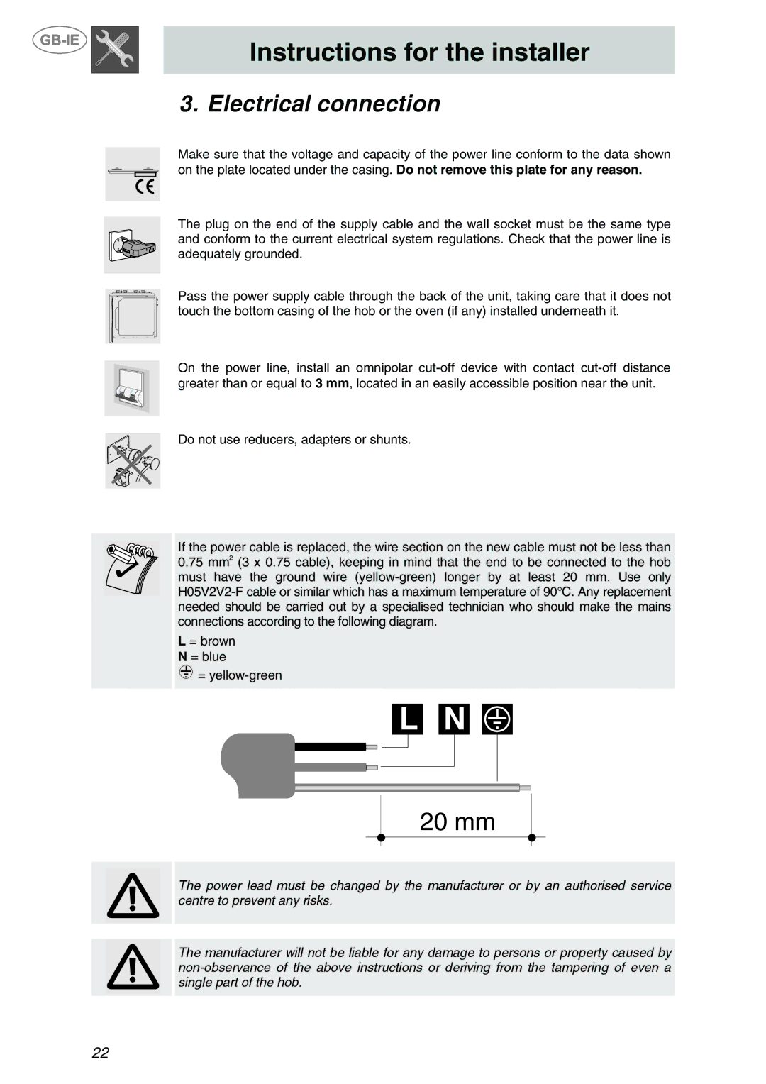 Smeg P705VTBE manual Electrical connection 