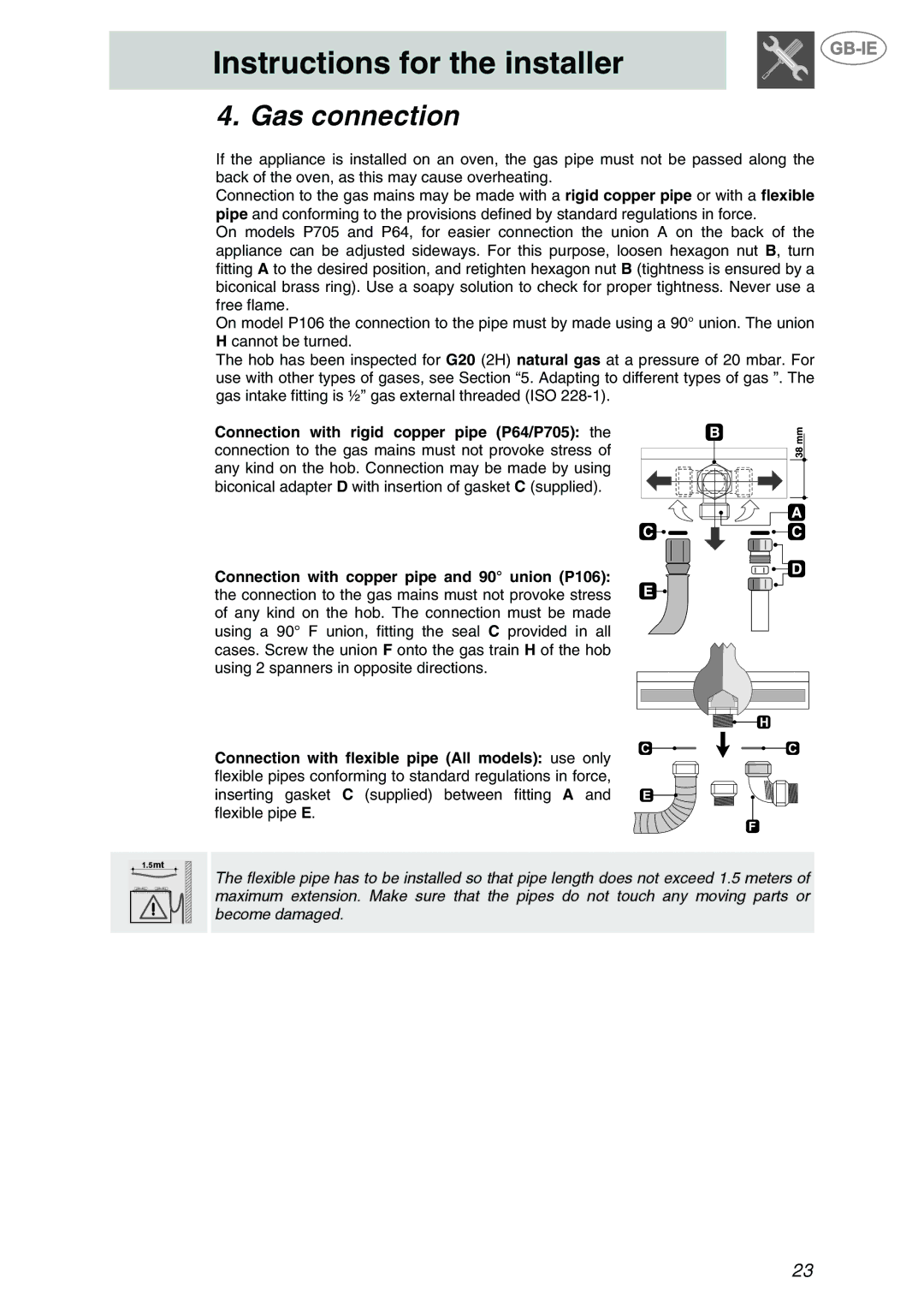 Smeg P705VTBE manual Gas connection 