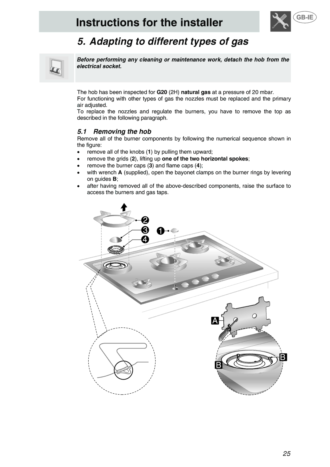 Smeg P705VTBE manual Adapting to different types of gas, Removing the hob 