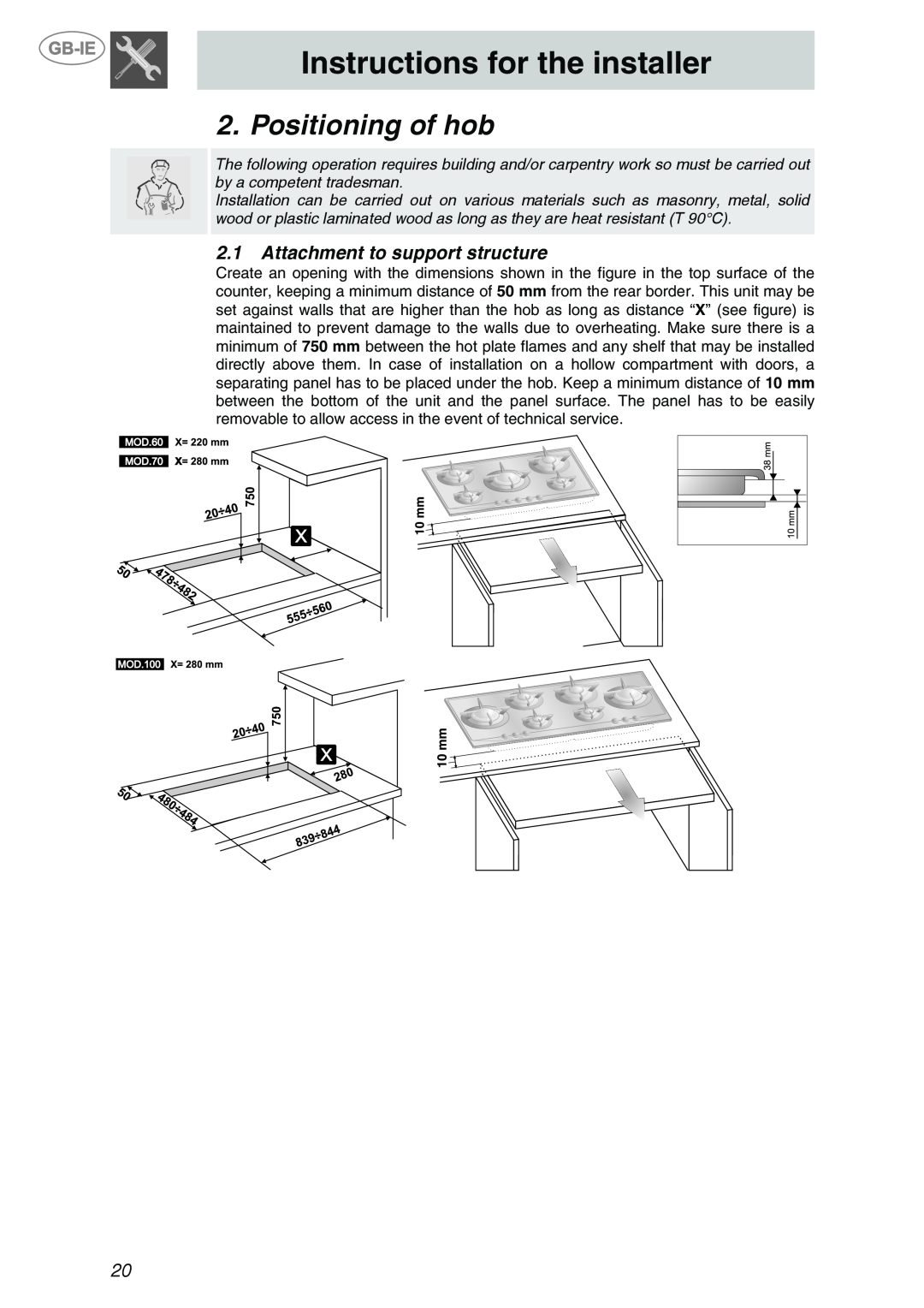 Smeg P705VTBE manual Instructions for the installer, Positioning of hob, Attachment to support structure 