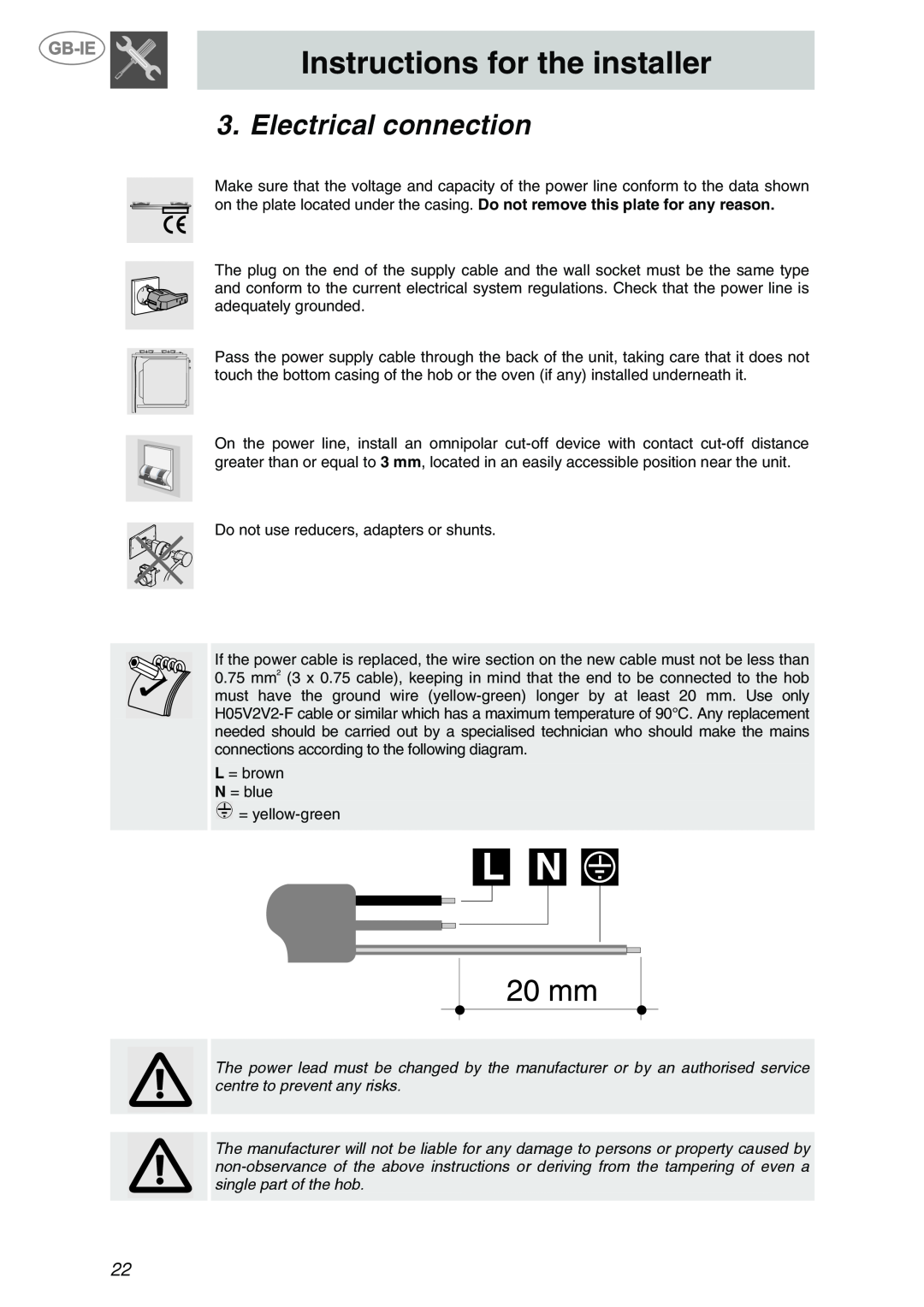 Smeg P705VTBE manual Electrical connection, Instructions for the installer 