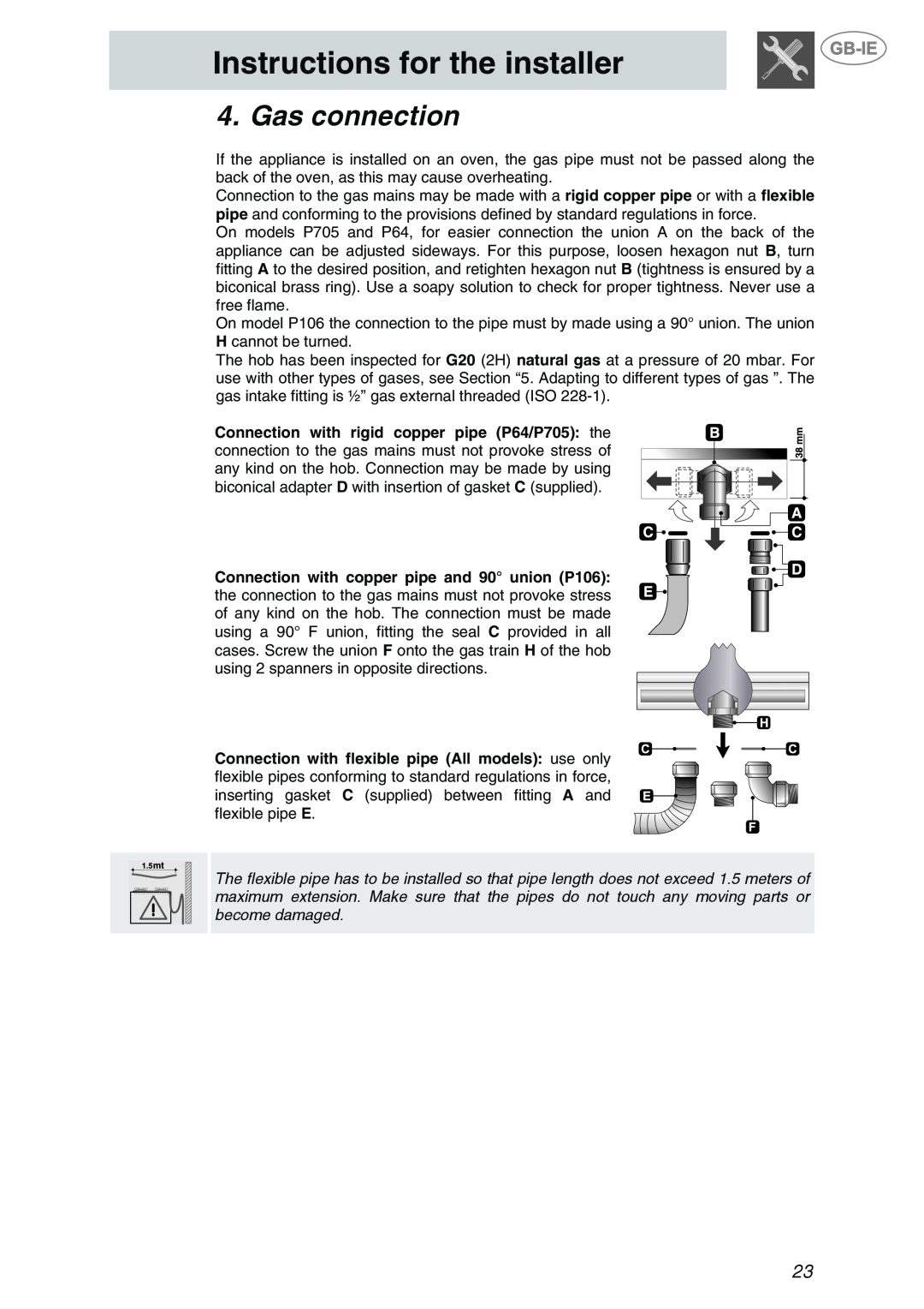 Smeg P705VTBE manual Gas connection, Instructions for the installer 