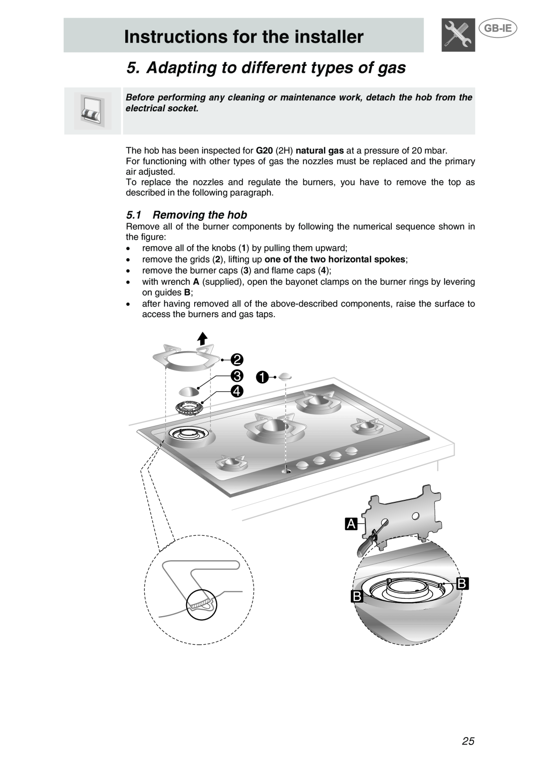 Smeg P705VTBE manual Adapting to different types of gas, Removing the hob, Instructions for the installer 