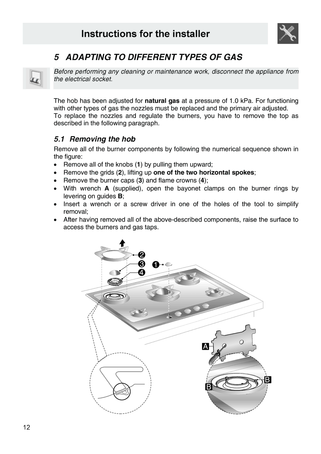 Smeg PA106SX manual Adapting to Different Types of GAS, Removing the hob 