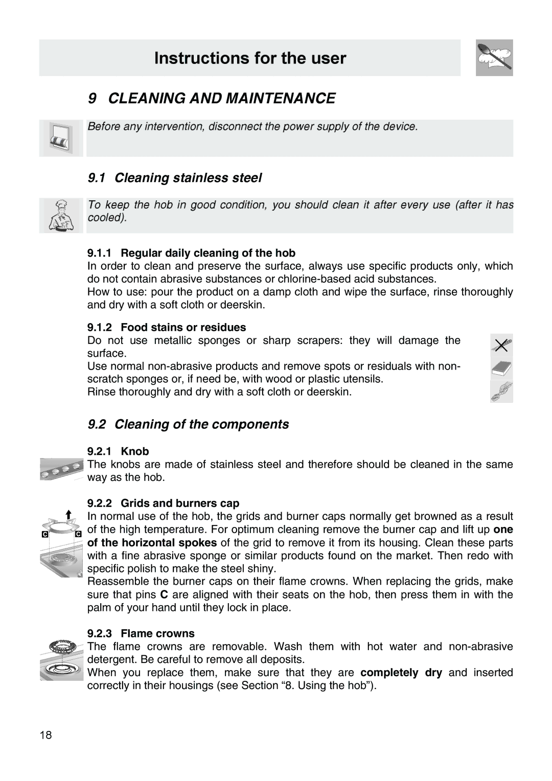 Smeg PA106SX manual Cleaning and Maintenance, Cleaning stainless steel, Cleaning of the components 