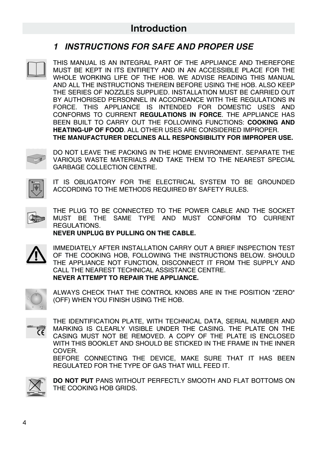 Smeg PA106SX Introduction, Instructions for Safe and Proper USE, Manufacturer Declines ALL Responsibility for Improper USE 