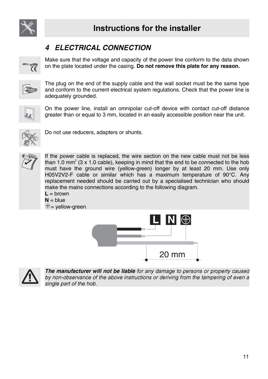 Smeg PA106SX manual Electrical Connection 