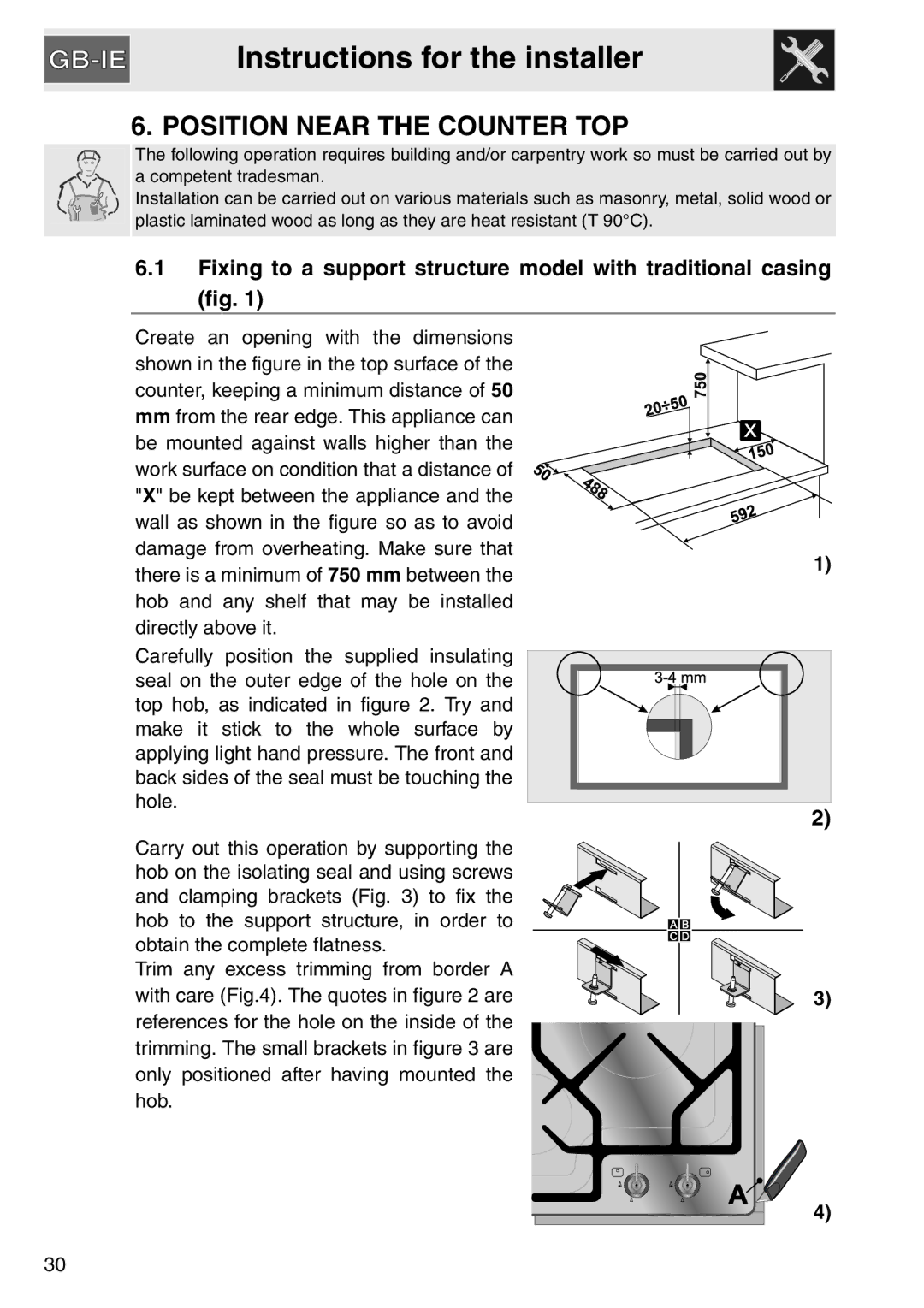 Smeg gas cooktop, PGA64 manual Instructions for the installer, Position Near the Counter TOP 