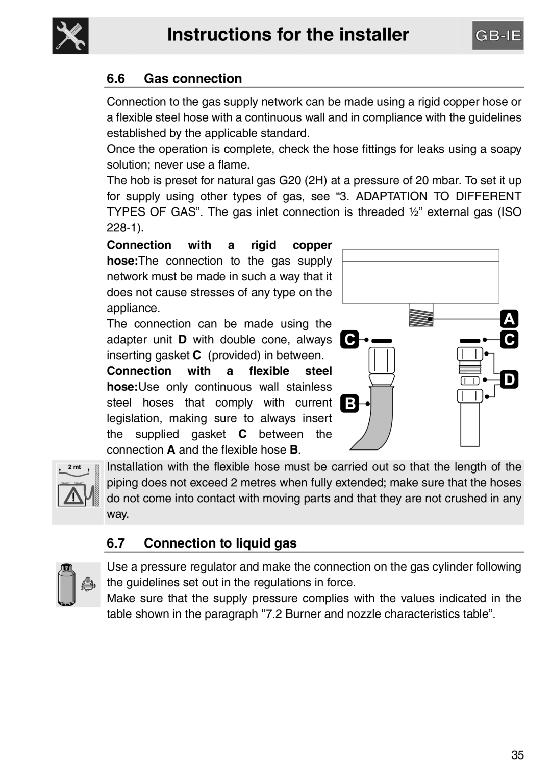 Smeg PGA64, gas cooktop manual Gas connection, Connection to liquid gas 