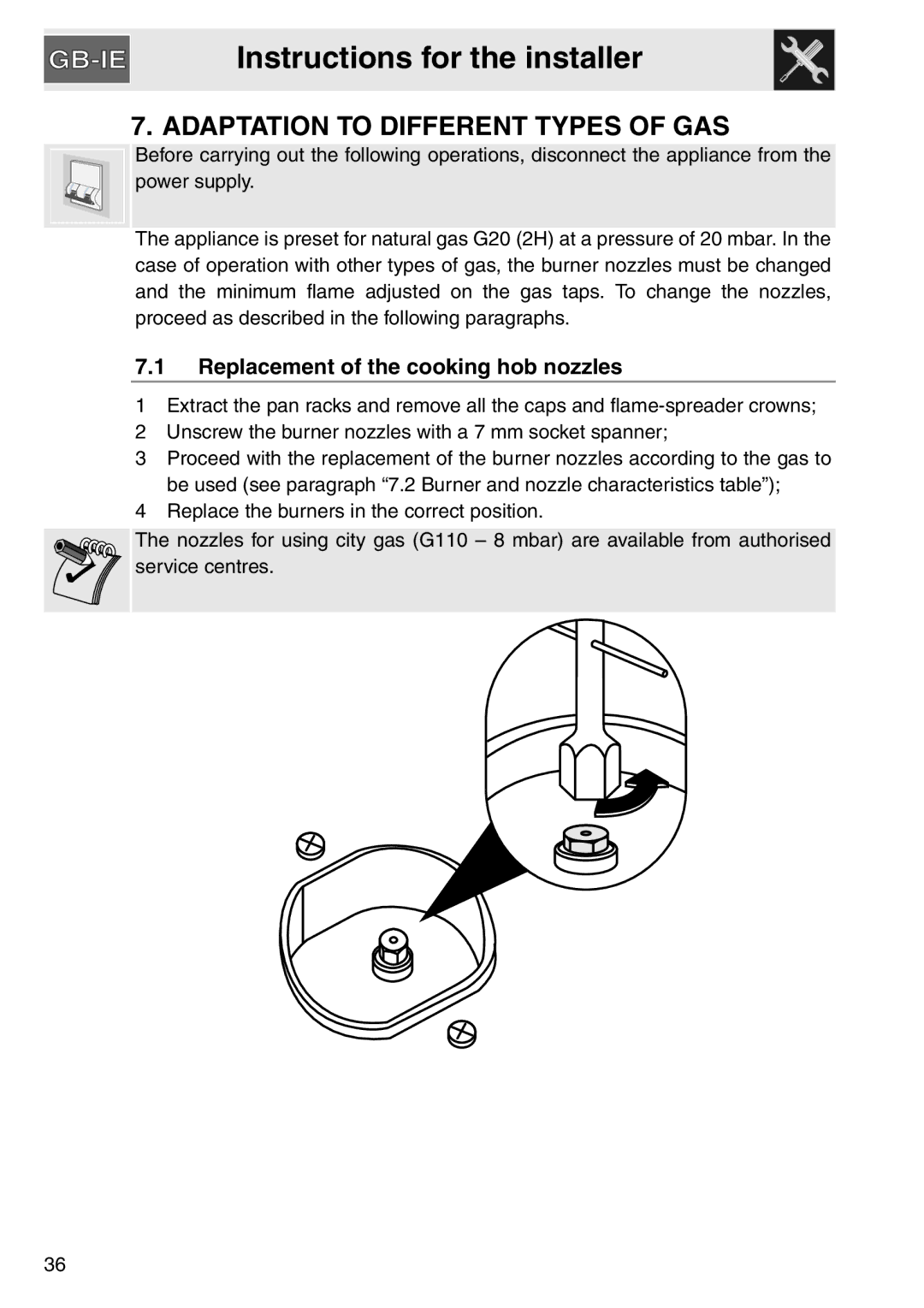 Smeg gas cooktop, PGA64 manual Adaptation to Different Types of GAS, Replacement of the cooking hob nozzles 