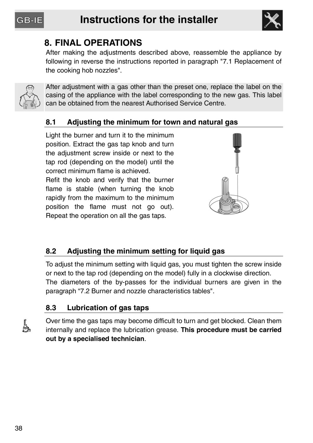 Smeg gas cooktop, PGA64 manual Final Operations, Adjusting the minimum for town and natural gas, Lubrication of gas taps 