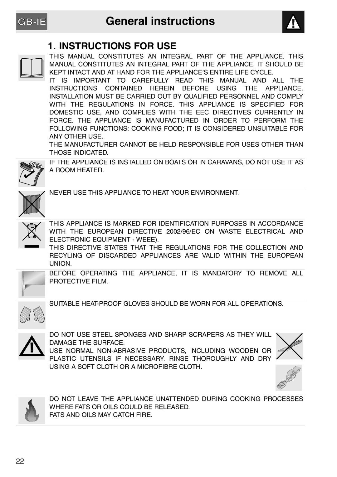 Smeg gas cooktop, PGA64 manual General instructions, Instructions for USE 