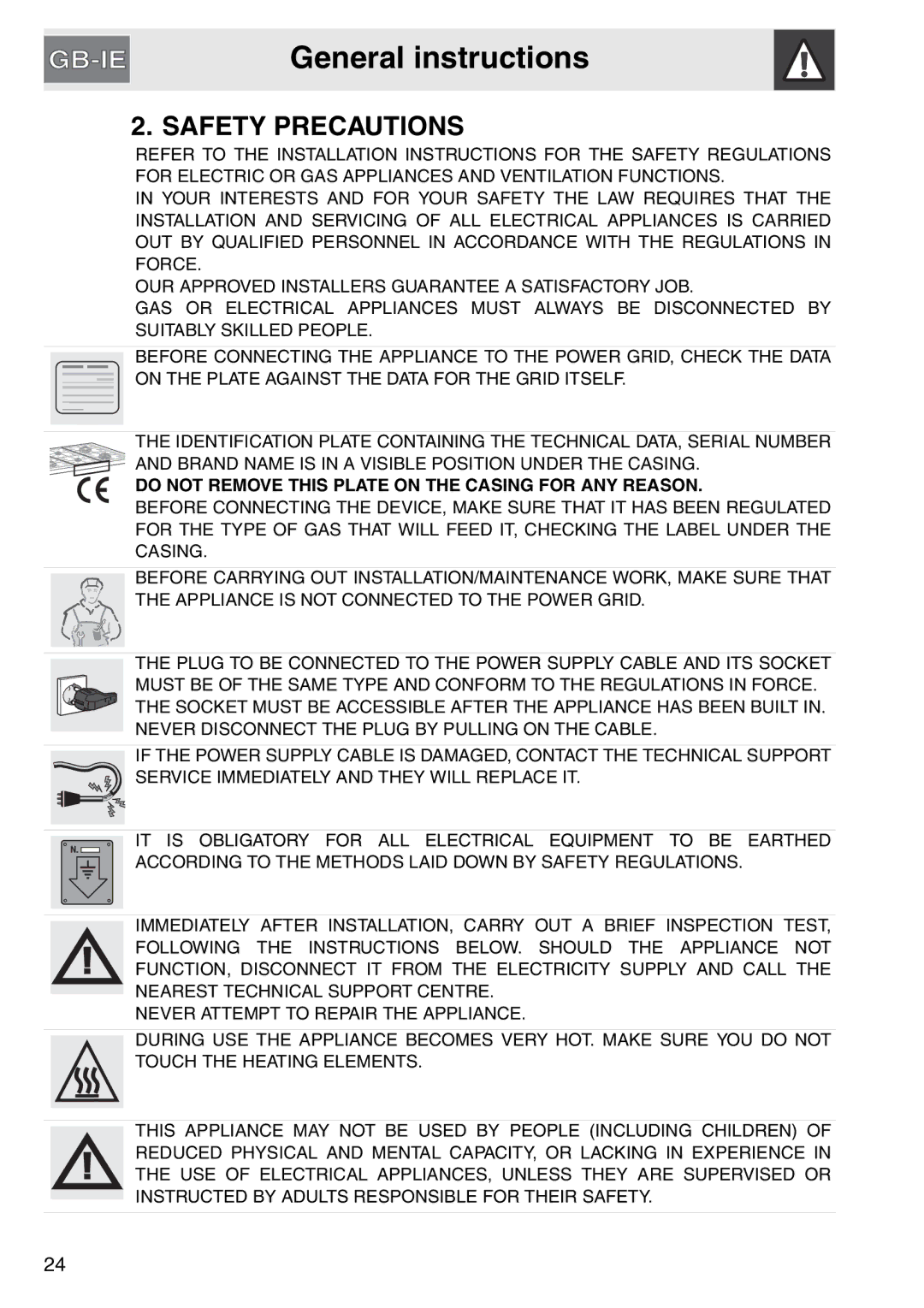 Smeg gas cooktop, PGA64 manual Safety Precautions, Do not Remove this Plate on the Casing for ANY Reason 