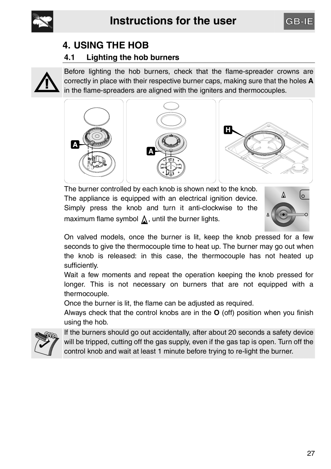 Smeg PGA64, gas cooktop manual Instructions for the user, Using the HOB, Lighting the hob burners 