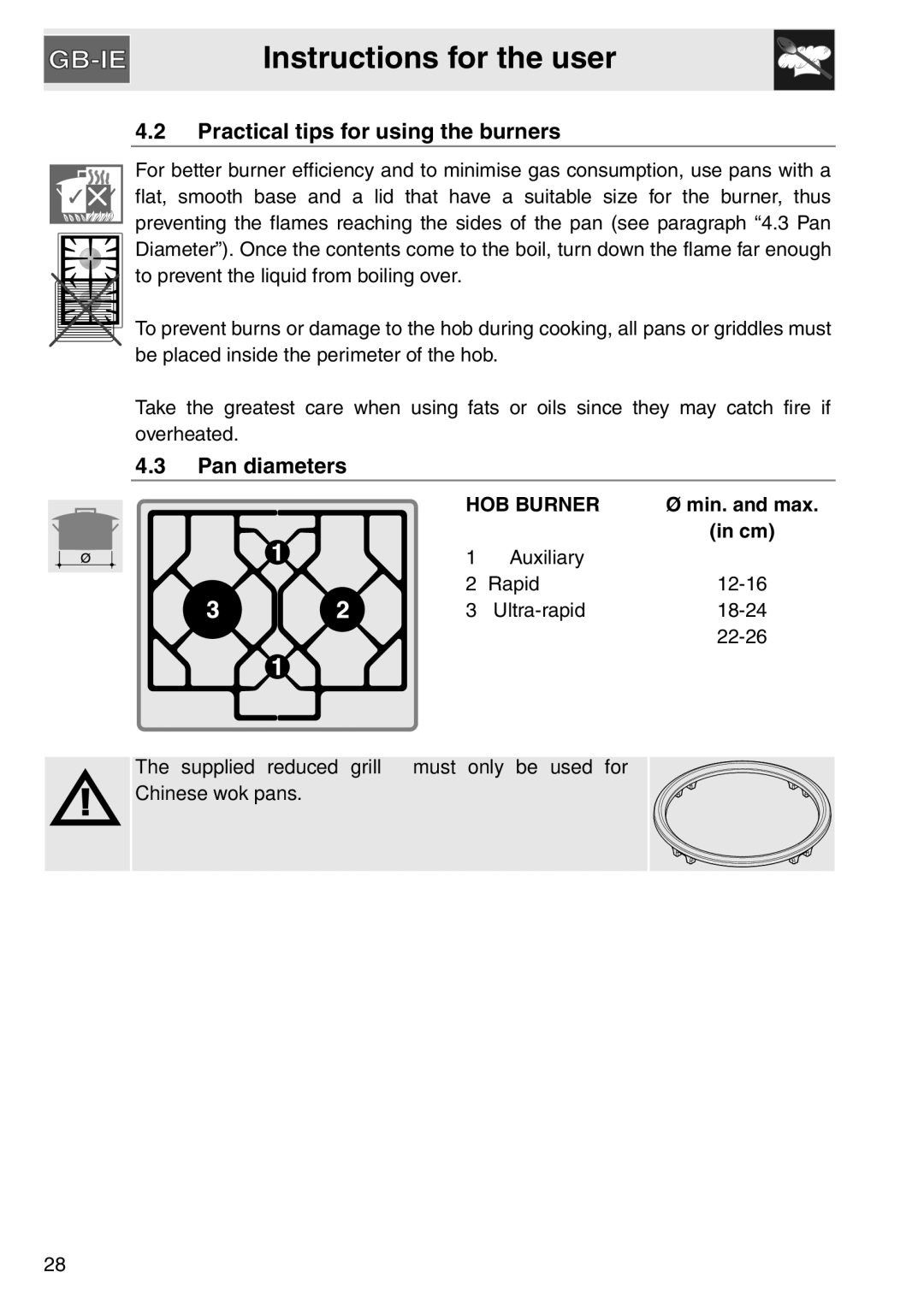 Smeg gas cooktop, PGA64 manual Practical tips for using the burners, Pan diameters 