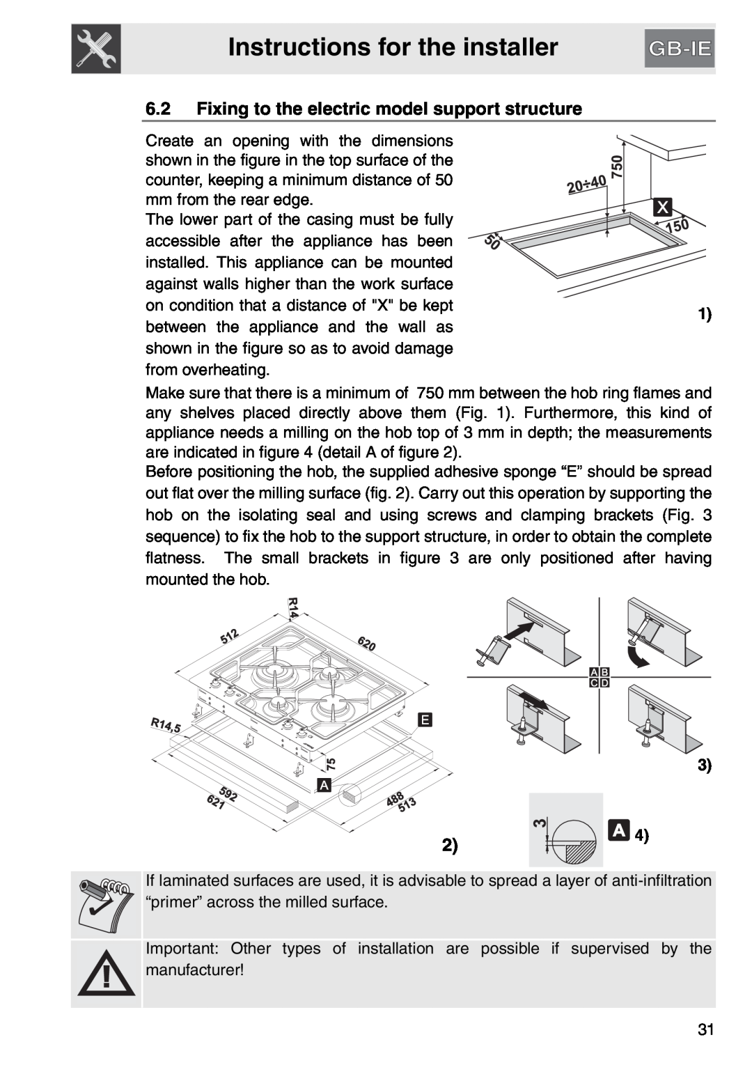 Smeg PGA64, gas cooktop manual Instructions for the installer, 6.2Fixing to the electric model support structure 