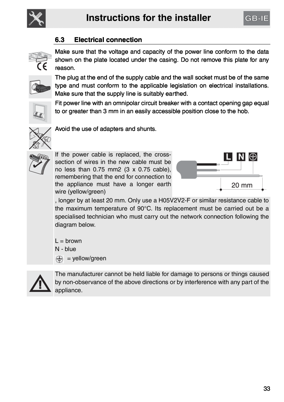 Smeg PGA64, gas cooktop manual Instructions for the installer, 6.3Electrical connection 
