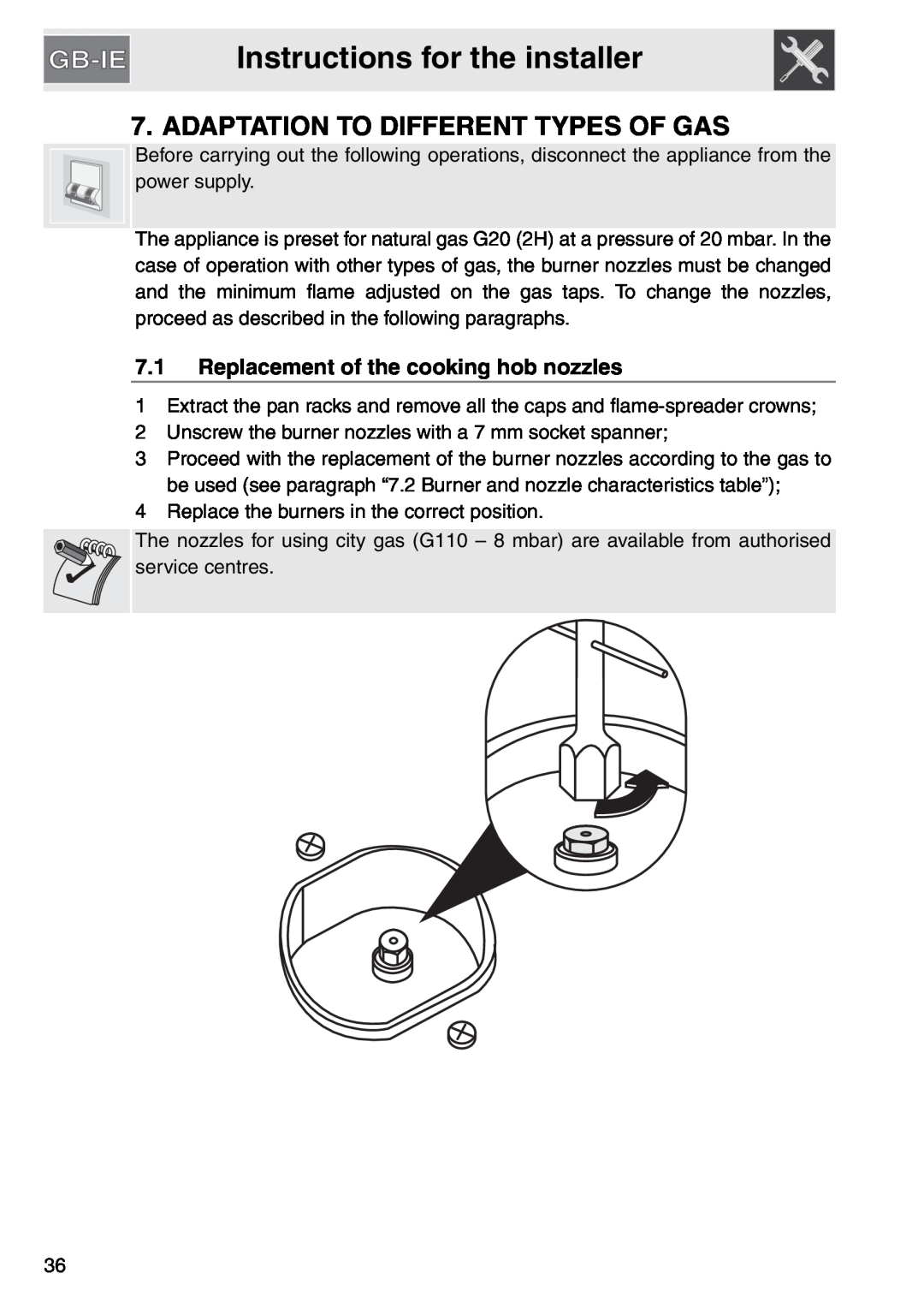 Smeg gas cooktop, PGA64 manual Adaptation To Different Types Of Gas, Instructions for the installer 