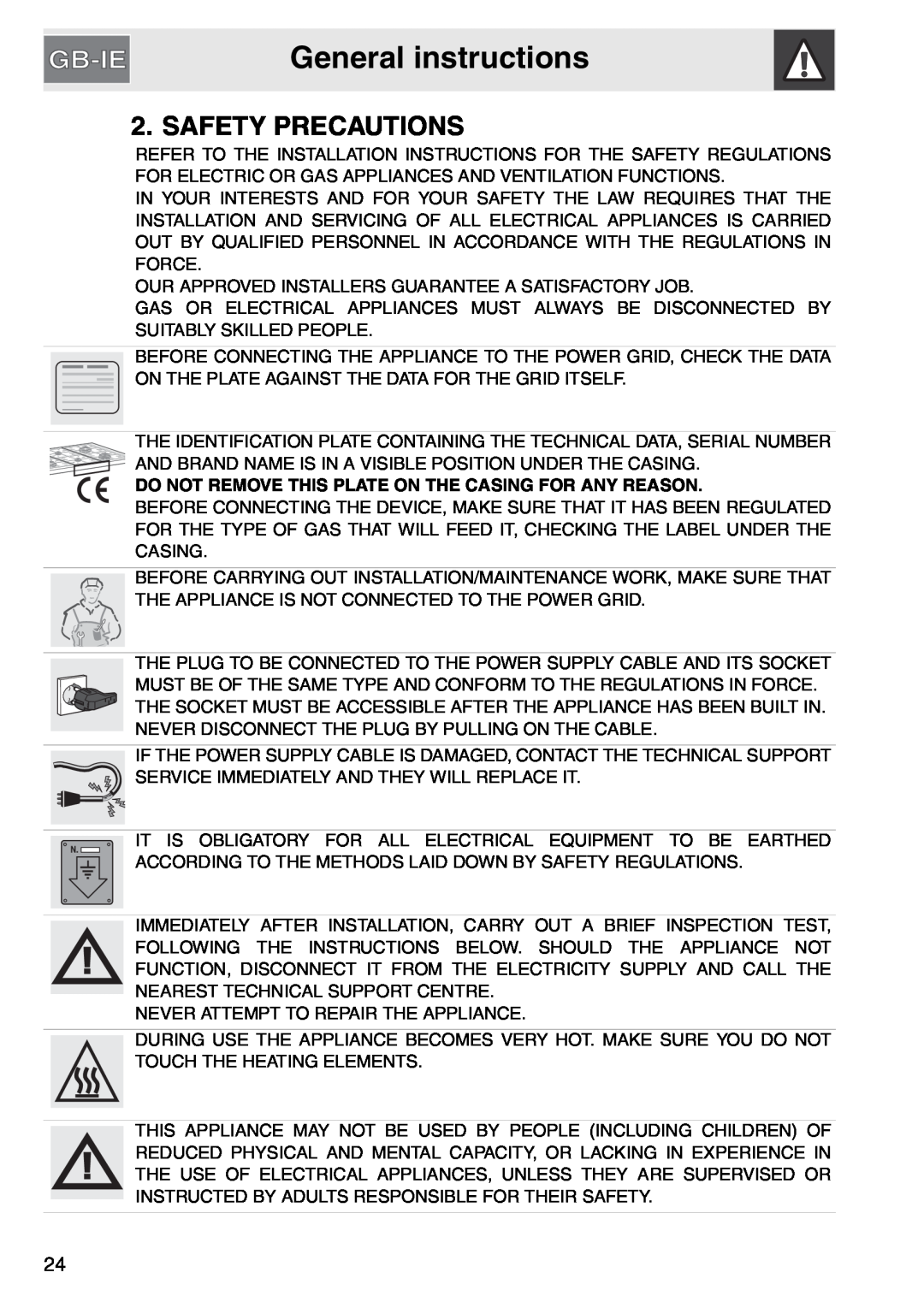 Smeg gas cooktop, PGA64 manual Safety Precautions, General instructions 