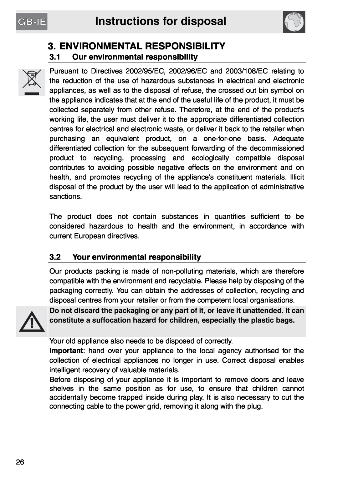 Smeg gas cooktop, PGA64 manual Instructions for disposal, Environmental Responsibility, 3.1Our environmental responsibility 