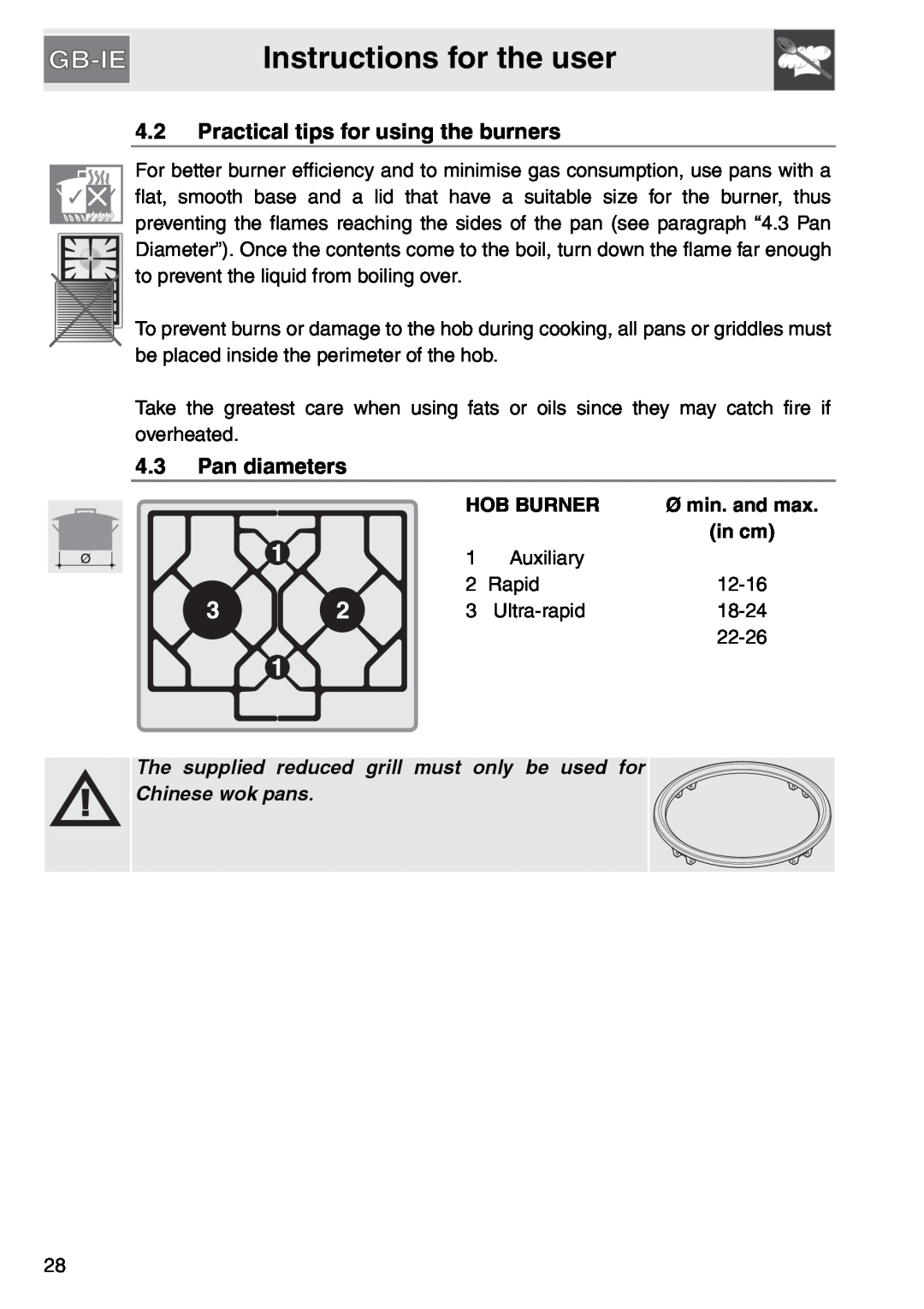 Smeg gas cooktop Instructions for the user, 4.2Practical tips for using the burners, 4.3Pan diameters, Hob Burner, in cm 