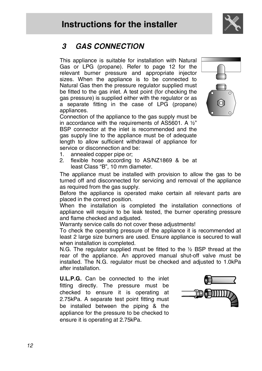 Smeg PGA75FSC3, PGA75F3, PGA75SC3 manual GAS Connection 